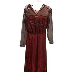 Vintage Burgundy Sheer Lace Overlay Formal Dress Evening Choir Dress